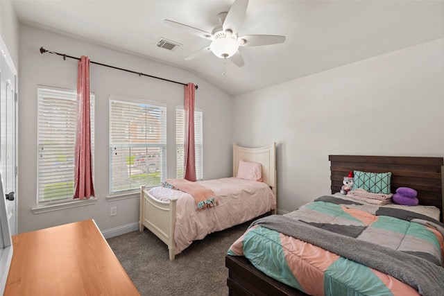 7622 Crestbrook Manor Ln, Cypress, TX 77433 - bedroom with carpet flooring, vaulted ceiling, and ceiling fan