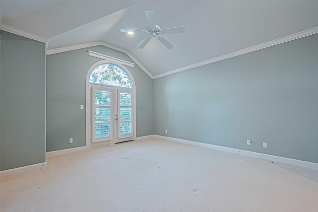 2616 Helena St, Houston, TX 77006 - carpeted spare room with vaulted ceiling, ornamental molding, and ceiling fan