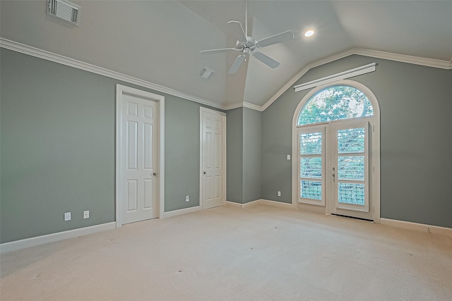 2616 Helena St, Houston, TX 77006 - unfurnished bedroom featuring vaulted ceiling, carpet floors, recessed lighting, a ceiling fan, and ornamental molding