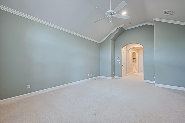 2616 Helena St, Houston, TX 77006 - carpeted empty room featuring arched walkways, a ceiling fan, ornamental molding, and lofted ceiling