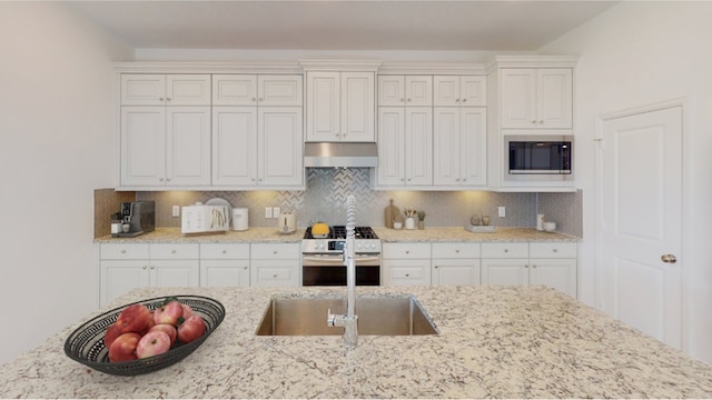 3001 Wild Dunes Dr, Katy, TX 77493 - kitchen with under cabinet range hood, built in microwave, stainless steel range with gas cooktop, decorative backsplash, and light stone countertops