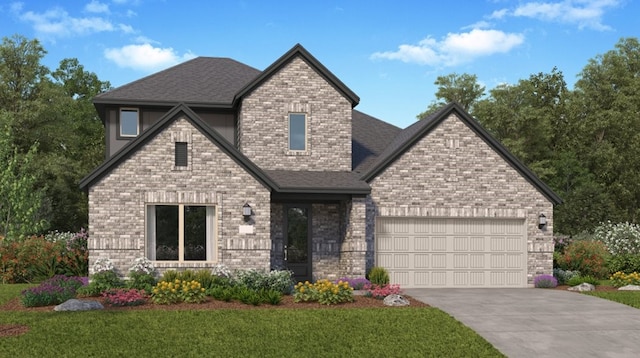 3073 Harrier Dr, Katy, TX 77493 - view of front of home featuring concrete driveway, an attached garage, a front yard, brick siding, and roof with shingles