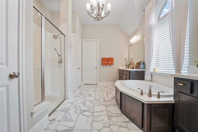 13526 Wedgewood Thicket Way, Cypress, TX 77429 - full bath featuring marble look tiles, a shower stall, a bath, vanity, and a chandelier