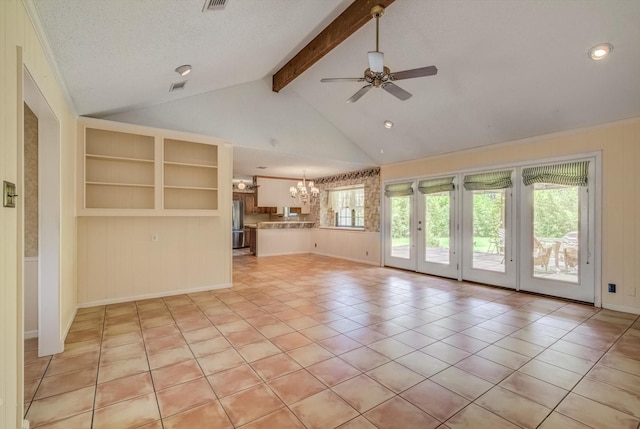 414 Daffodil St, Lake Jackson, TX 77566 - unfurnished living room featuring a chandelier, a ceiling fan, built in features, light tile patterned floors, and recessed lighting