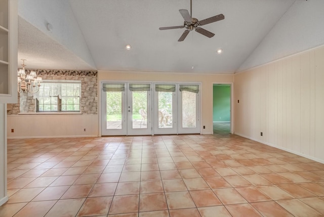 414 Daffodil St, Lake Jackson, TX 77566 - empty room featuring ceiling fan, a chandelier, light tile patterned flooring, recessed lighting, and high vaulted ceiling