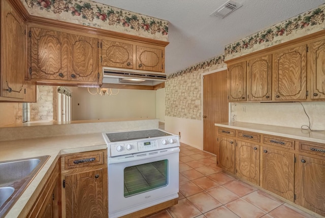 414 Daffodil St, Lake Jackson, TX 77566 - kitchen with white range with electric stovetop, wallpapered walls, under cabinet range hood, light countertops, and brown cabinets