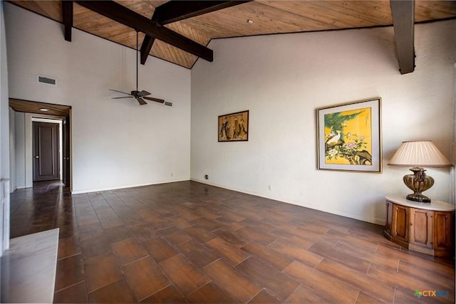 1809 W Harrison Ave, Port O Connor, TX 77982 - unfurnished living room featuring a wooden ceiling with exposed beams, high vaulted ceiling, ceiling fan, and wood finished floors