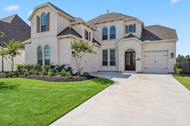 21514 Sunny Riverbank Cir, Cypress, TX 77433 - french provincial home featuring concrete driveway, brick siding, a shingled roof, and a front lawn