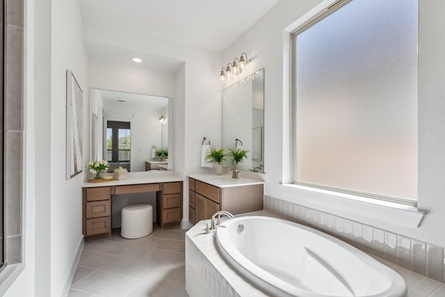 21514 Sunny Riverbank Cir, Cypress, TX 77433 - full bathroom with a garden tub, vanity, tile patterned flooring, and recessed lighting