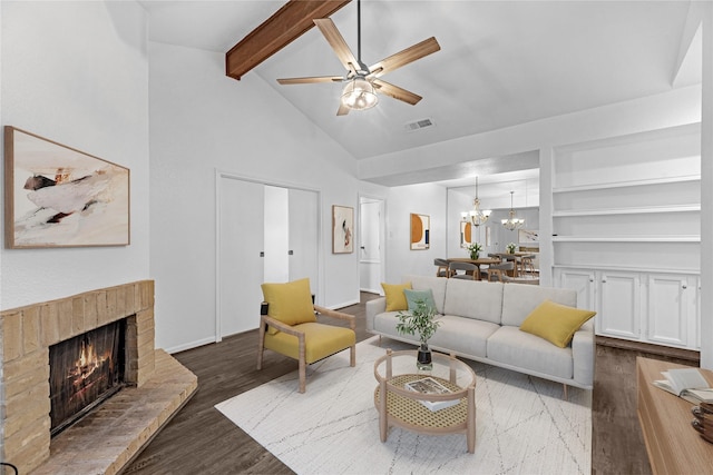 11711 Memorial Dr Unit 570, Houston, TX 77024 - living area featuring beam ceiling, wood finished floors, a brick fireplace, high vaulted ceiling, and a ceiling fan