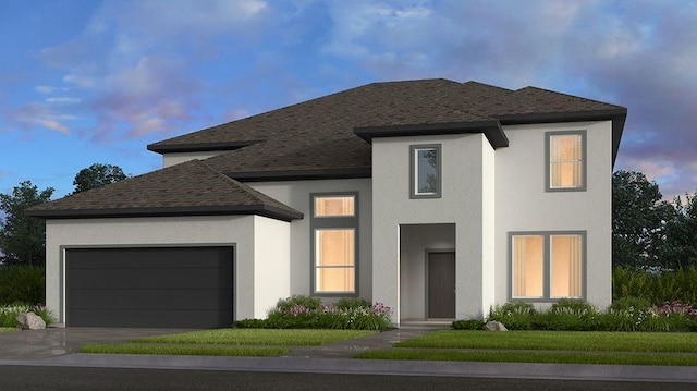 9227 Heckenberg Arbor Ln, Cypress, TX 77433 - view of front facade with stucco siding, a garage, driveway, and a shingled roof