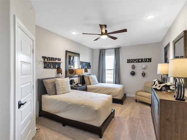 9227 Heckenberg Arbor Ln, Cypress, TX 77433 - bedroom featuring light carpet, ceiling fan, and recessed lighting
