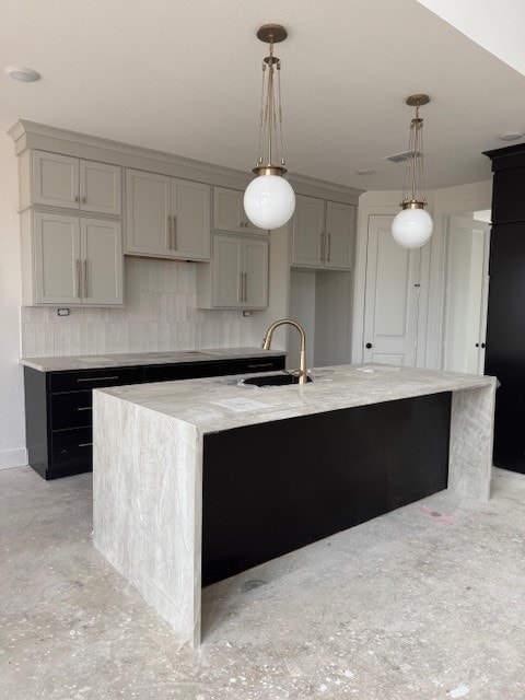 1439 Watermont Dr, Missouri City, TX 77459 - kitchen featuring a spacious island, gray cabinets, light stone countertops, and decorative light fixtures