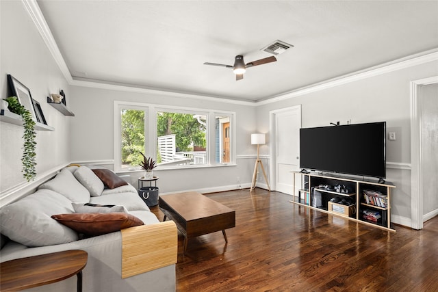 208 W 34th St, Houston, TX 77018 - living area featuring a ceiling fan, ornamental molding, and wood finished floors