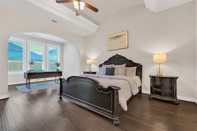 1107 Rymers Switch Ln, Friendswood, TX 77546 - bedroom with wood finished floors, arched walkways, vaulted ceiling, and a ceiling fan