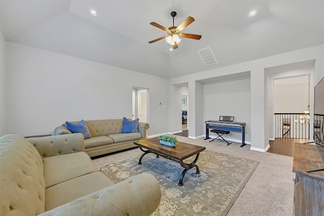 1107 Rymers Switch Ln, Friendswood, TX 77546 - living area with a ceiling fan, carpet flooring, high vaulted ceiling, and recessed lighting