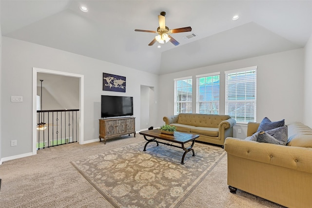 1107 Rymers Switch Ln, Friendswood, TX 77546 - living area featuring ceiling fan, light carpet, vaulted ceiling, and recessed lighting