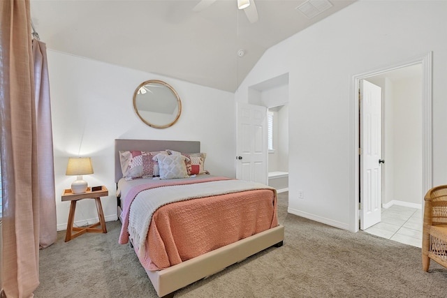 1107 Rymers Switch Ln, Friendswood, TX 77546 - bedroom with carpet floors, vaulted ceiling, and a ceiling fan