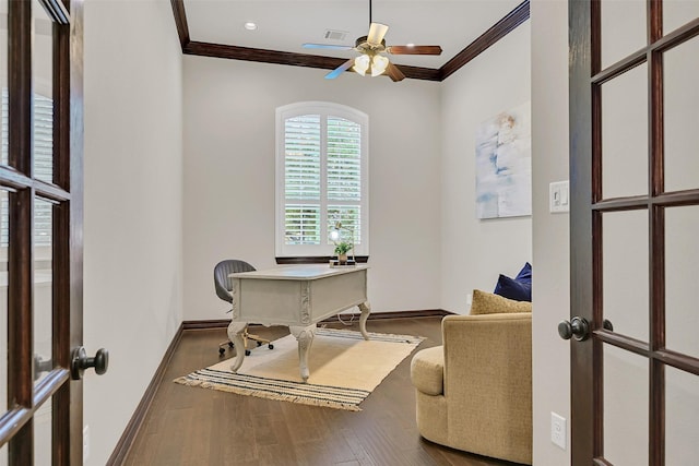 1107 Rymers Switch Ln, Friendswood, TX 77546 - office with ornamental molding, ceiling fan, and wood finished floors