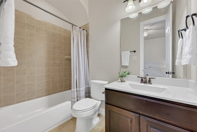 1107 Rymers Switch Ln, Friendswood, TX 77546 - bathroom featuring vanity, shower / tub combo with curtain, a ceiling fan, and tile patterned floors