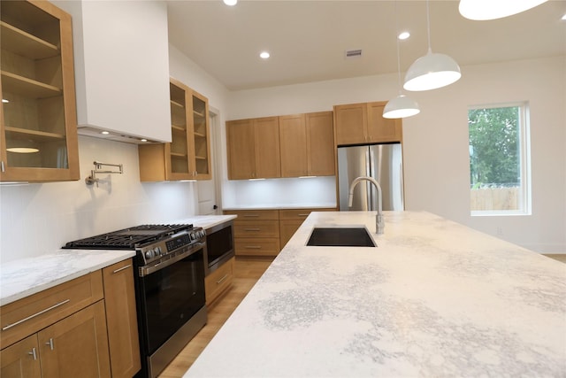 510 E 37th St, Houston, TX 77022 - kitchen featuring stainless steel appliances, brown cabinetry, light wood-style flooring, light stone countertops, and glass insert cabinets