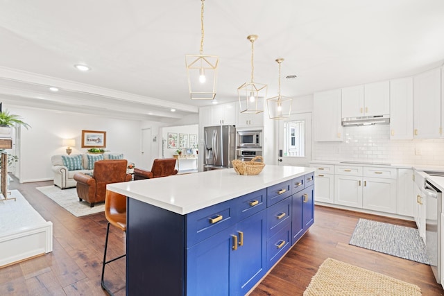 3006 Ann Arbor Dr, Houston, TX 77063 - kitchen featuring stainless steel appliances, under cabinet range hood, dark wood-style flooring, white cabinetry, and recessed lighting