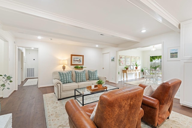 3006 Ann Arbor Dr, Houston, TX 77063 - living room featuring beam ceiling, dark wood finished floors, recessed lighting, and ornamental molding