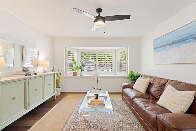 3006 Ann Arbor Dr, Houston, TX 77063 - living room with crown molding, dark wood-style flooring, and ceiling fan