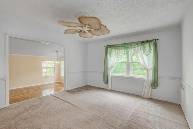211 Magnolia St, Lake Jackson, TX 77566 - empty room with carpet, a ceiling fan, ornamental molding, and a textured ceiling