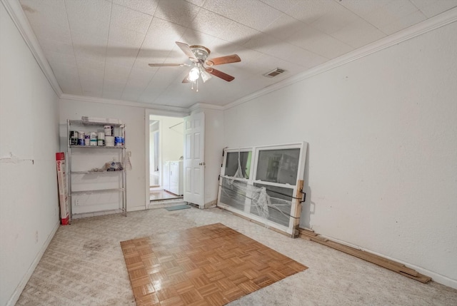 211 Magnolia St, Lake Jackson, TX 77566 - unfurnished living room with ceiling fan, ornamental molding, and washer / clothes dryer