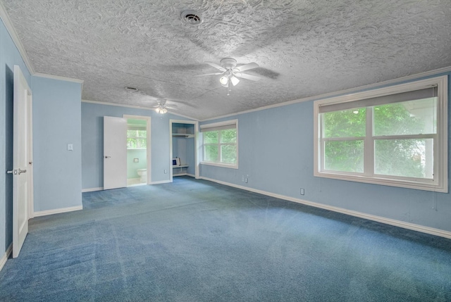 211 Magnolia St, Lake Jackson, TX 77566 - empty room with ornamental molding, a ceiling fan, carpet, and a textured ceiling
