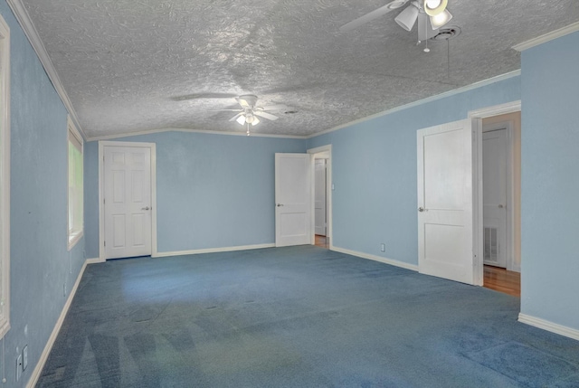 211 Magnolia St, Lake Jackson, TX 77566 - unfurnished bedroom with carpet, ornamental molding, a ceiling fan, and a textured ceiling