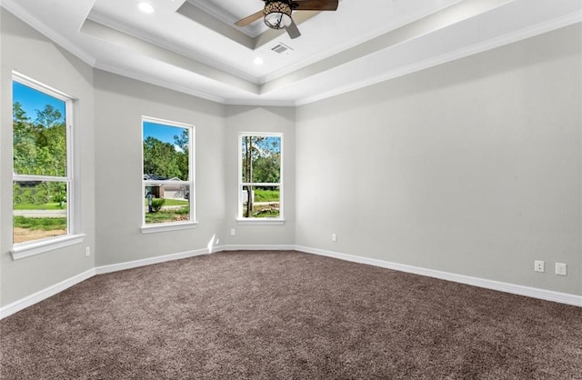427 Rd 66111, Dayton, TX 77535 - unfurnished room with crown molding, dark carpet, a raised ceiling, and a ceiling fan