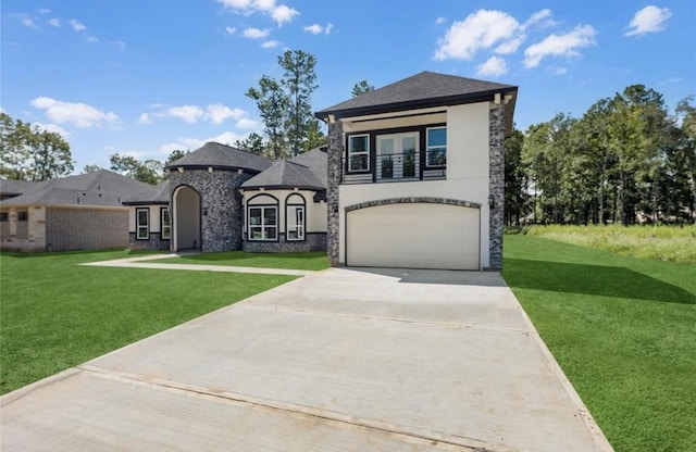 427 Rd 66111, Dayton, TX 77535 - french provincial home with a balcony, concrete driveway, a front yard, and a garage