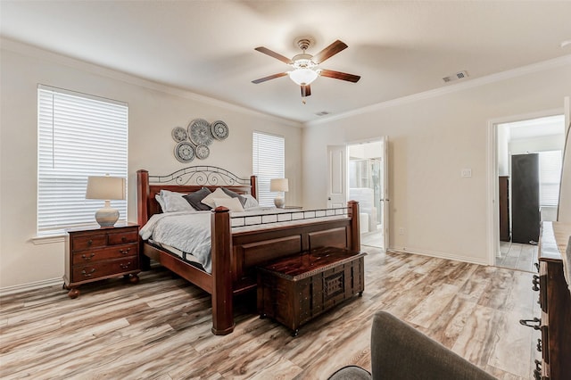 28638 Monarch Cliffs Dr, Fulshear, TX 77441 - bedroom featuring light wood-style floors, ornamental molding, ensuite bathroom, and ceiling fan