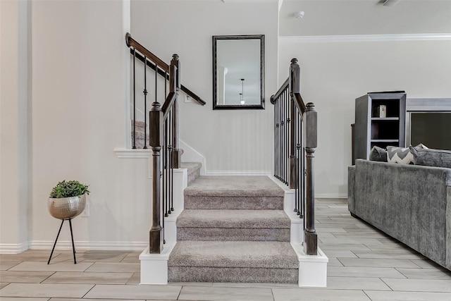 28638 Monarch Cliffs Dr, Fulshear, TX 77441 - stairs with wood tiled floors and ornamental molding
