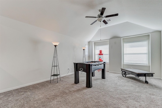28638 Monarch Cliffs Dr, Fulshear, TX 77441 - game room featuring carpet flooring, a ceiling fan, and vaulted ceiling