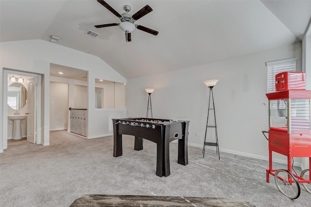 28638 Monarch Cliffs Dr, Fulshear, TX 77441 - game room featuring vaulted ceiling, ceiling fan, and carpet