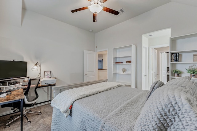 28638 Monarch Cliffs Dr, Fulshear, TX 77441 - carpeted bedroom with a desk, lofted ceiling, and a ceiling fan