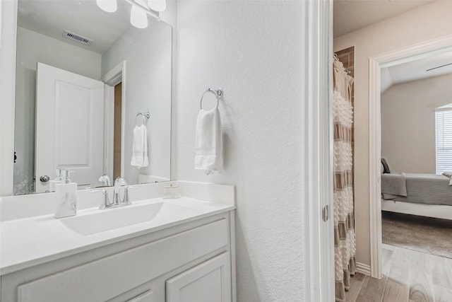 28638 Monarch Cliffs Dr, Fulshear, TX 77441 - bathroom with vanity, ensuite bathroom, wood finished floors, and a textured wall