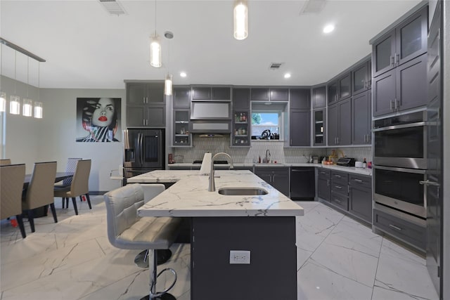 5215 Kelso St, Houston, TX 77021 - kitchen featuring stainless steel appliances, open shelves, light marble finish floors, decorative backsplash, and plenty of natural light