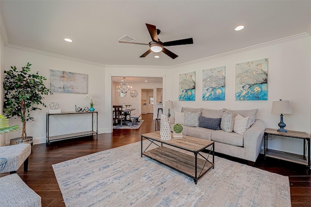 1714 Maux Dr, Houston, TX 77043 - living area featuring a ceiling fan, a chandelier, ornamental molding, wood finished floors, and recessed lighting