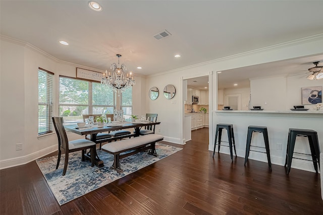 1714 Maux Dr, Houston, TX 77043 - dining room with recessed lighting, ornamental molding, dark wood finished floors, a chandelier, and a ceiling fan