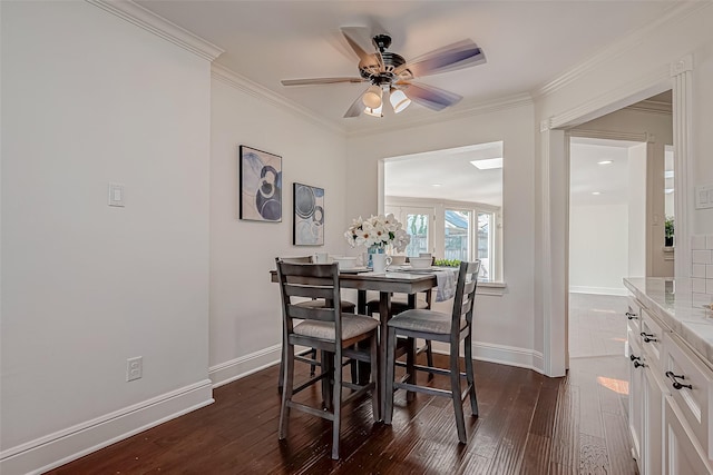 1714 Maux Dr, Houston, TX 77043 - dining area with dark wood-type flooring, ceiling fan, and ornamental molding