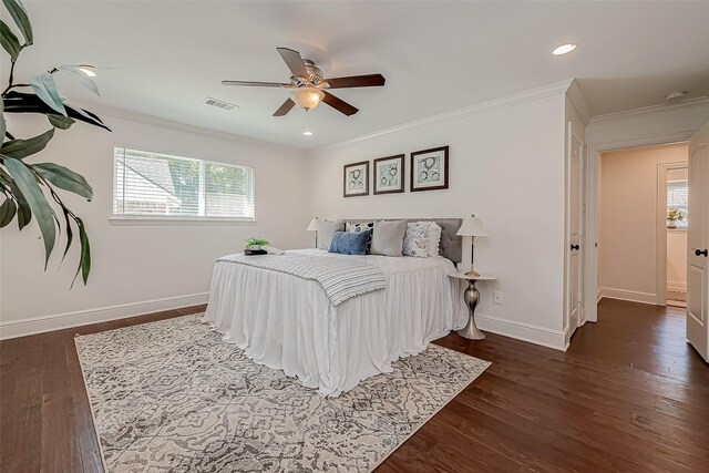 1714 Maux Dr, Houston, TX 77043 - bedroom featuring crown molding, dark wood-style flooring, a ceiling fan, and recessed lighting