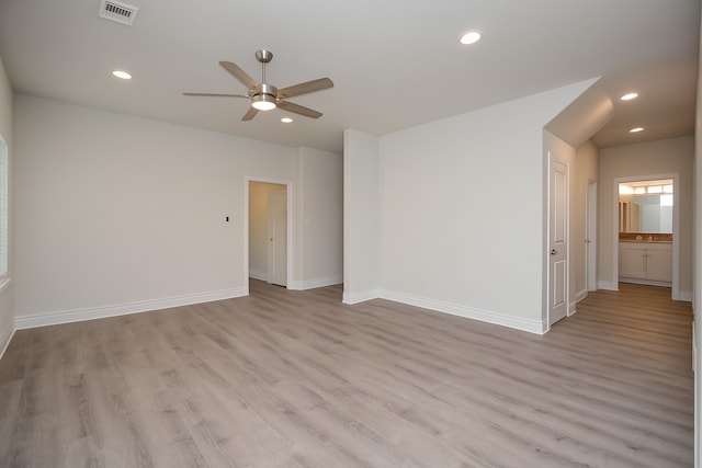803 Cherokee Dr, Conroe, TX 77316 - empty room featuring a ceiling fan, light wood-style flooring, and recessed lighting