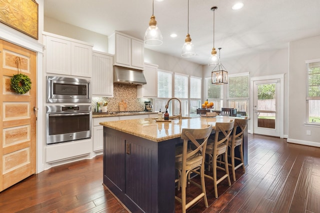 103 Jacks Corner Dr, Montgomery, TX 77316 - kitchen featuring stainless steel appliances, under cabinet range hood, light stone counters, dark wood-style floors, and recessed lighting