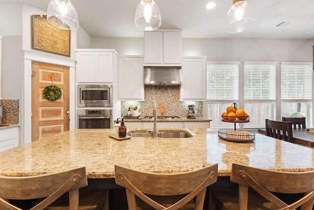 103 Jacks Corner Dr, Montgomery, TX 77316 - kitchen featuring appliances with stainless steel finishes, under cabinet range hood, tasteful backsplash, a kitchen island with sink, and recessed lighting