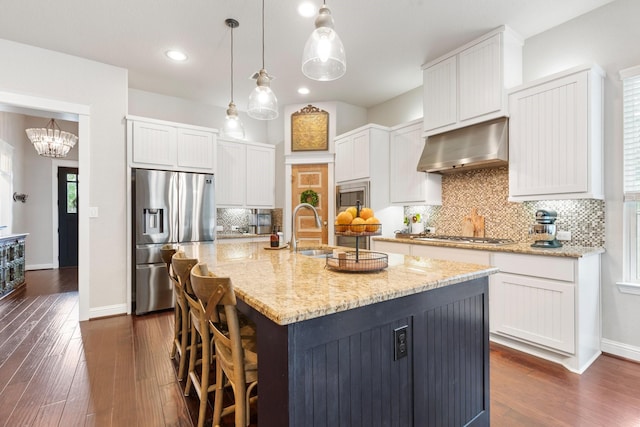 103 Jacks Corner Dr, Montgomery, TX 77316 - kitchen with appliances with stainless steel finishes, under cabinet range hood, white cabinetry, dark wood finished floors, and recessed lighting