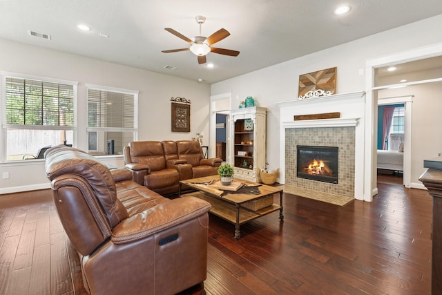 103 Jacks Corner Dr, Montgomery, TX 77316 - living area with ceiling fan, dark wood-style floors, a fireplace, and recessed lighting